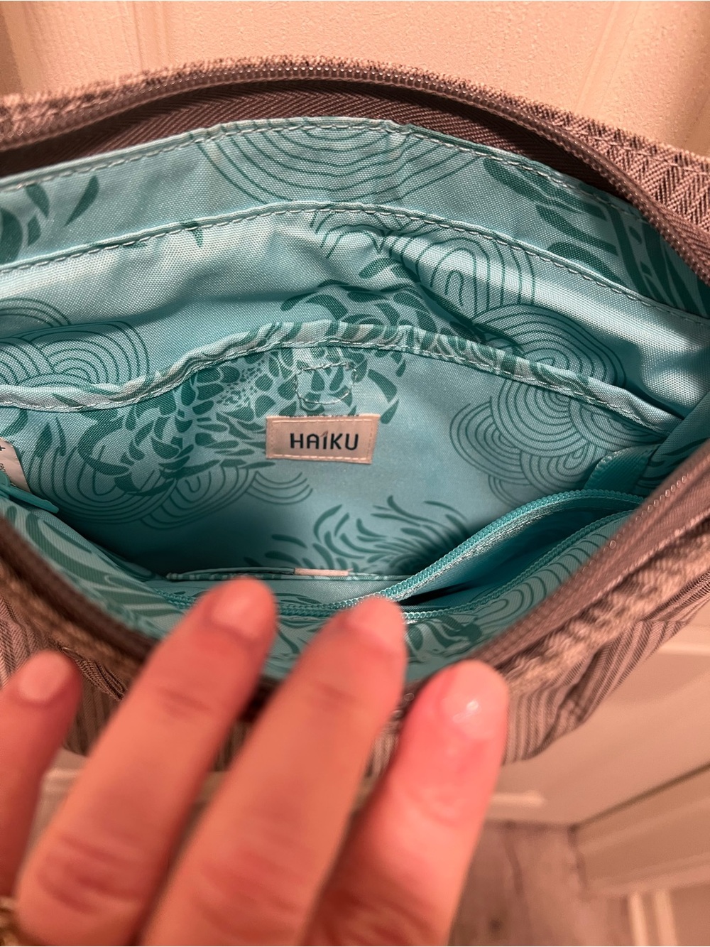 Haiku Jaunt Crossbody Purse in a Gray Striped Pattern. - Picture 5 of 10